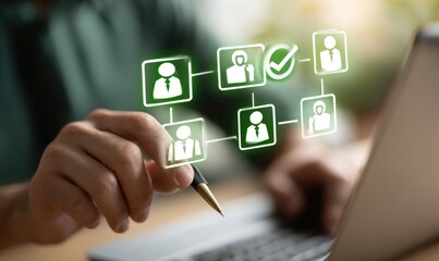 Person interacting with a digital network of interconnected profiles, possibly for HR or team management