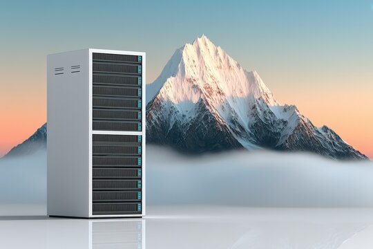 Server rack stands against a backdrop of a snow capped mountain partially obscured by low lying clouds at sunset
