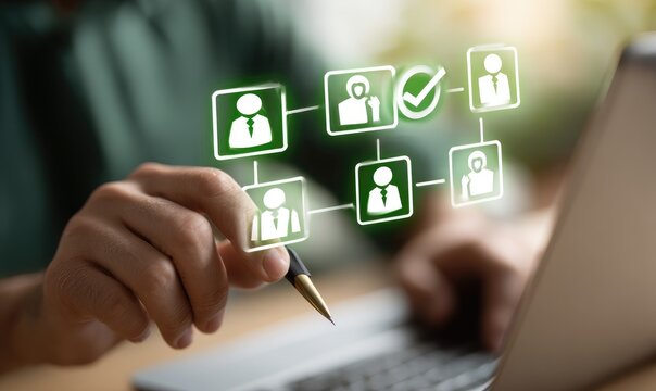 Person interacting with a digital network of interconnected profiles, possibly for HR or team management - Powered by Adobe