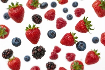 Top-down composition of vibrant berries in air including blueberries, strawberries, and raspberries — clean and organic.


