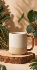Fototapeta premium Beige and white mug on a wooden slice, surrounded by greenery