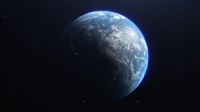 Stunning CGI render of the planet Earth from space with dawn spreading across the Australian continent, with the distinct lights from habitation glittering in the night time zones