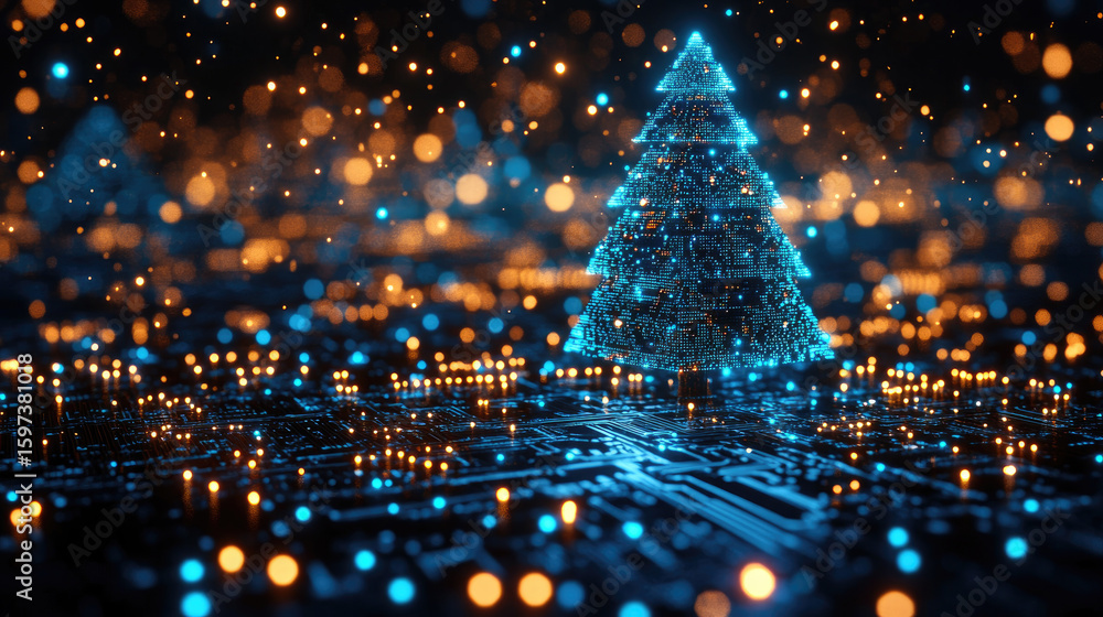 Poster a digital christmas tree made of neon blue microchips stands on a motherboard base. luminescent circ