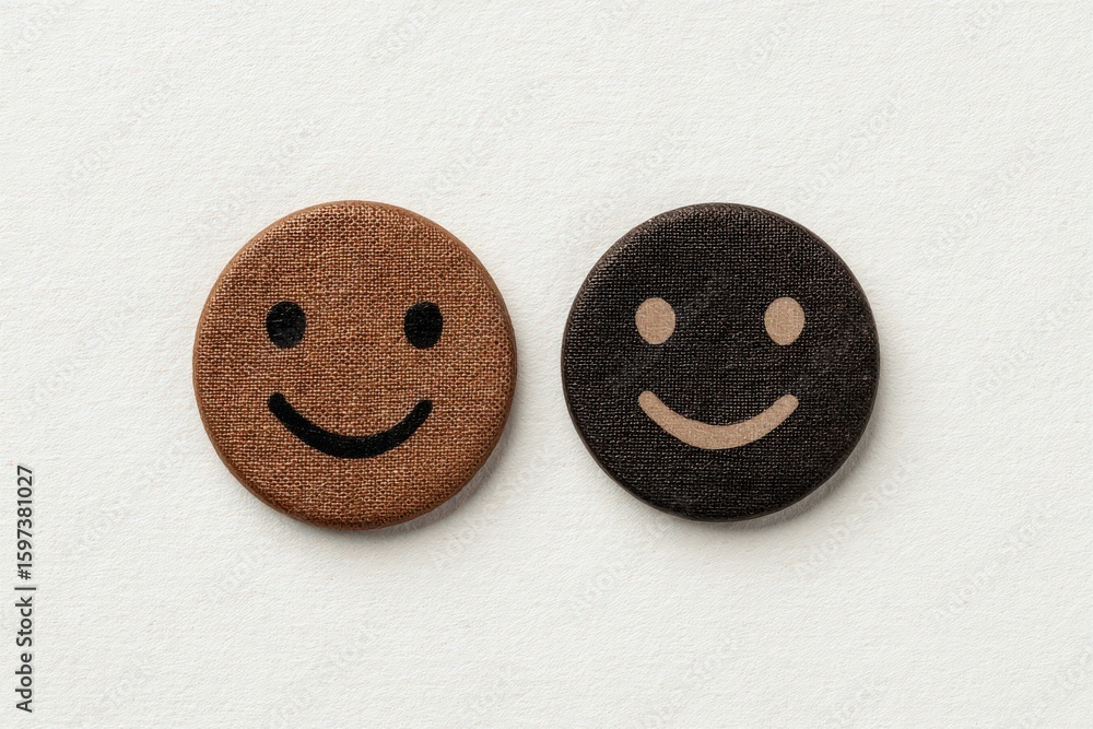 Poster thoughtfully created emotion-inducing fabric buttons resembling smiling faces in brown and black ton