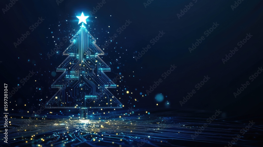 Poster a digital christmas tree made of neon blue microchips stands on a motherboard base. luminescent circ