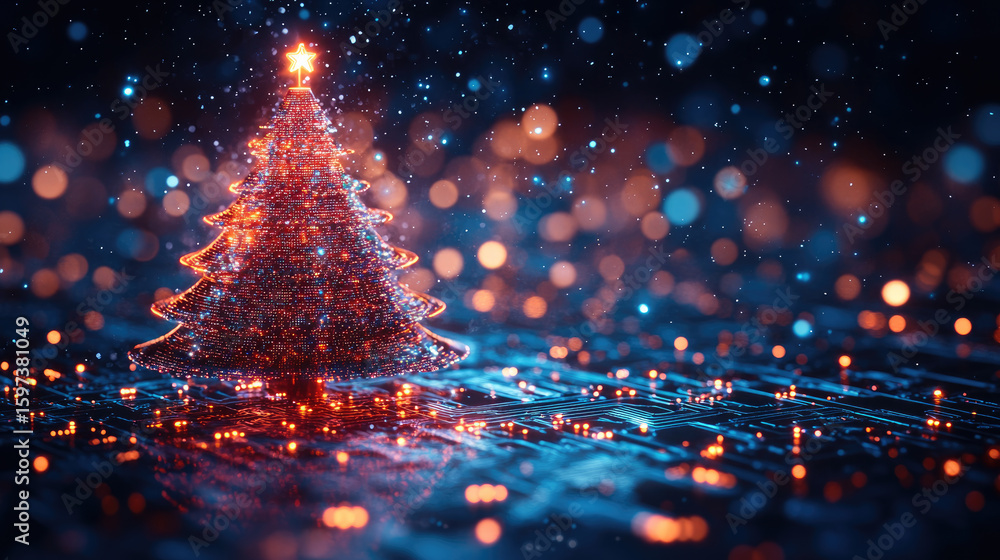 Poster a digital christmas tree made of neon blue microchips stands on a motherboard base. luminescent circ