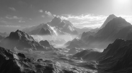 Obraz premium A cyberpunk image of a serene mountain landscape with mist with ambient occlusion