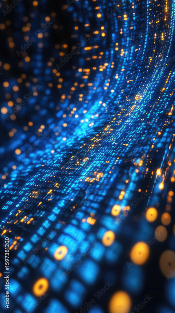 Poster flowing blue and yellow binary data stream with glowing digital lines and particles, representing te