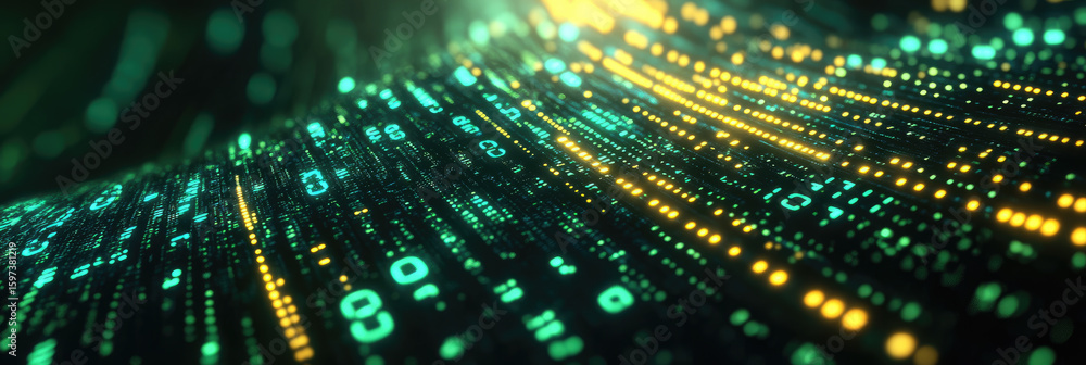 Aufkleber flowing green and yellow binary data stream with glowing digital lines and particles, representing t