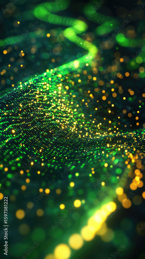 Aufkleber flowing green and yellow binary data stream with glowing digital lines and particles, representing t