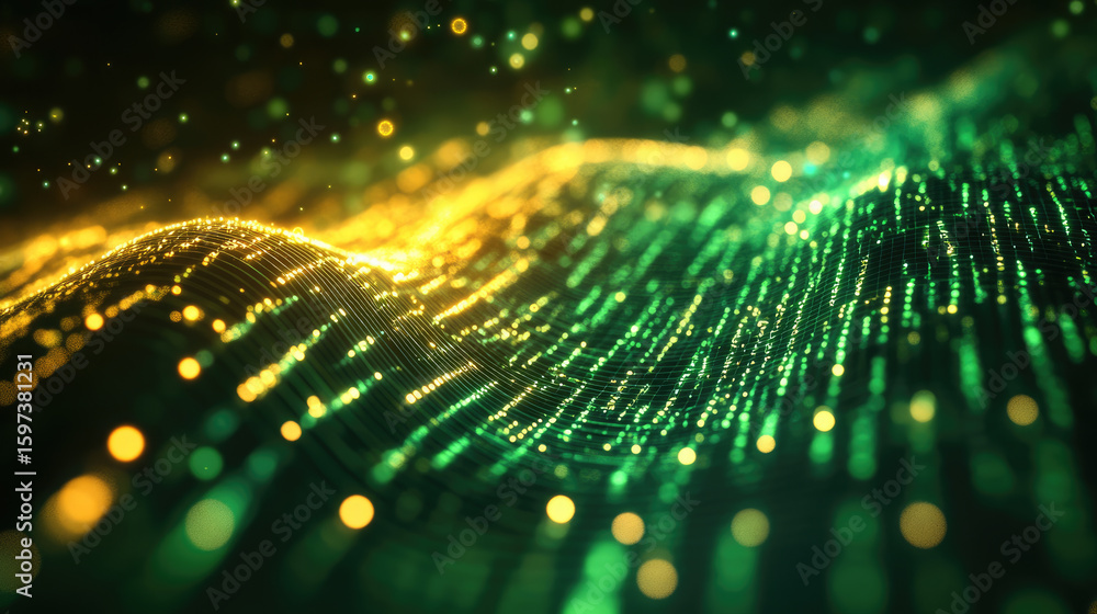 Poster flowing green and yellow binary data stream with glowing digital lines and particles, representing t