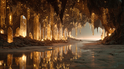 A fantasy style image of a 3D render of a glowing crystal cave with golden hour light