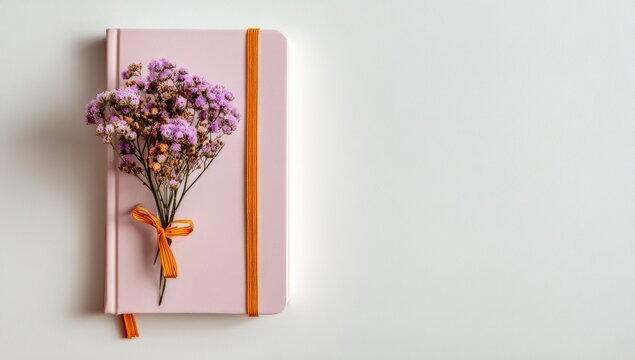 Pastel pink notebook with dried purple flowers and orange ribbon