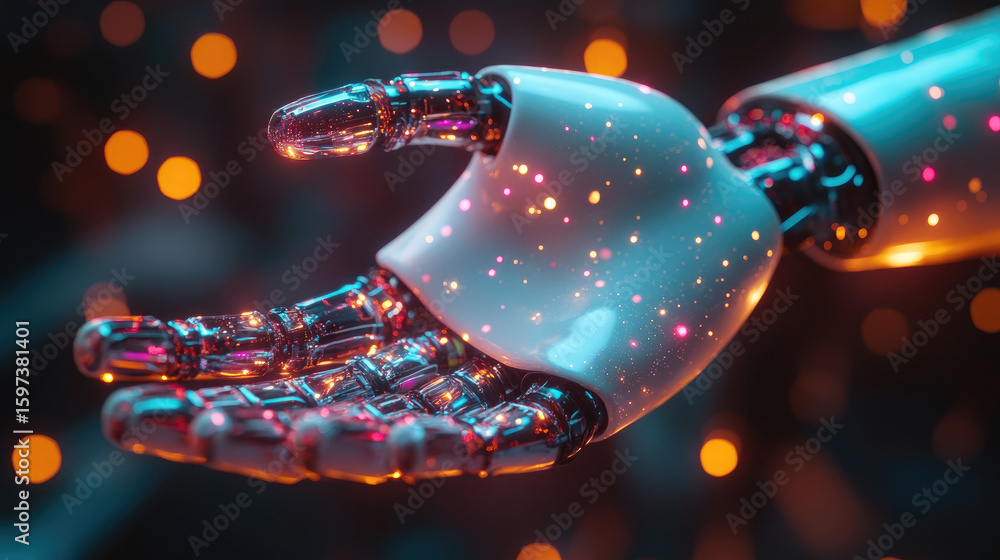 Poster a robotic hand with intricate design and sparkles connects to data, symbolizing the future of techno