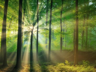 Fototapeta premium Sunbeams through green forest canopy light rays trees