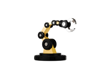 3d Mechanical arm in the isolated on white background, industrial robot, robot arm. Minimal Yellow & Black robotic arm with grey gripper standing. 3d rendering.