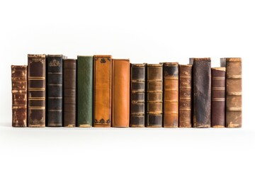 Varying ages and designs of the spines of old books publication library white background.