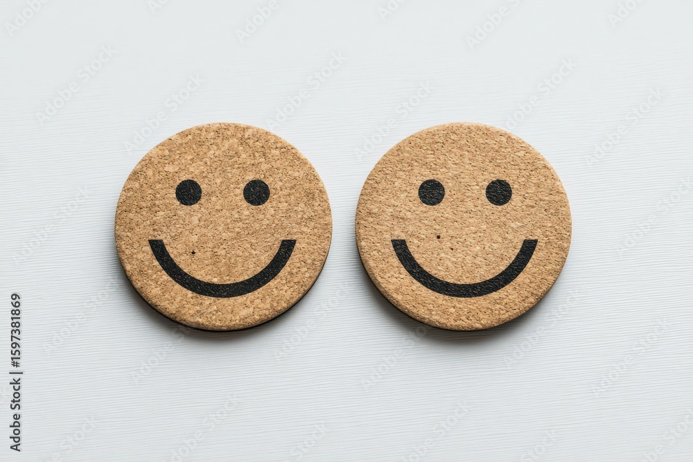 Poster expressing joy and positivity through two playful cork coasters featuring smile faces captured on a 
