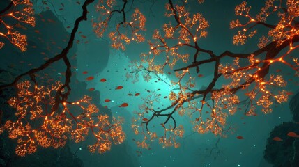 Glowing Orange Flowers Under Branches In Teal Forest