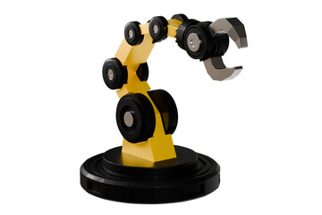3d Mechanical arm in the isolated on white background, industrial robot, robot arm. Minimal Yellow & Black robotic arm with grey gripper standing. 3d rendering.