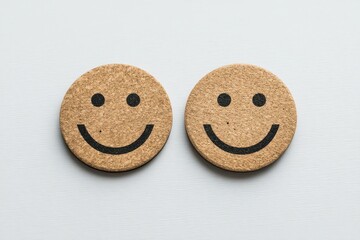 Expressing Joy and Positivity Through Two Playful Cork Coasters Featuring Smile Faces Captured on a Clean White Background Creating a Delightful and Inviting Atmosphere
