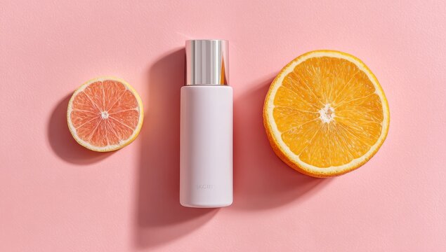 Flat lay of a white bottle and citrus slices on a pink background - Powered by Adobe