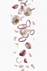 Vertical layout with garlic bulbs and onion rings flying — perfect for food packaging or spice branding.

