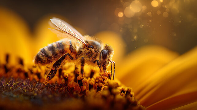 A fantasy style image of a macro photo of a honey bee on a sunflower with golden hour light