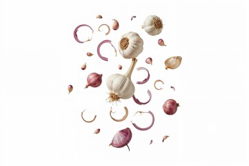 Artistic composition of garlic and onion pieces in mid-air symbolizing strong aroma and traditional seasoning.


