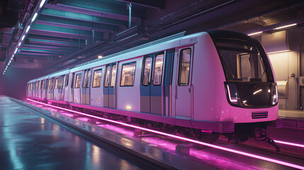 Fototapeta premium A hyperrealistic image of a futuristic train on a neon-lit track with soft natural lighting