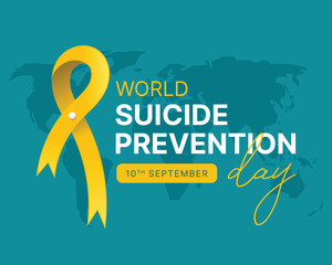 World Suicide prevention day - Text and Yellow ribbon sign on dark green world map background vector design