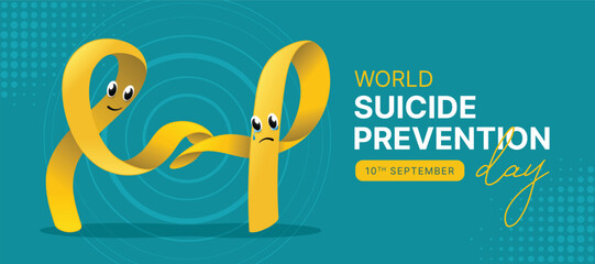 World Suicide prevention day - Text and Yellow ribbon character hand hold hand with care ribon cry on green teal background vector design