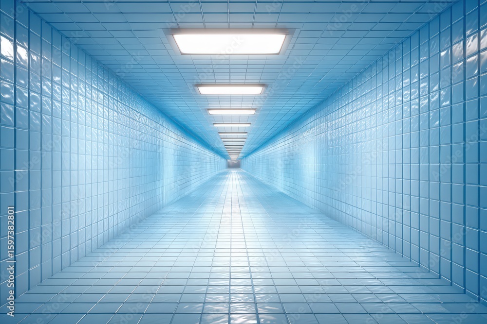Poster captivating blue tile corridor creating an immersive experience showcasing minimalistic design princ