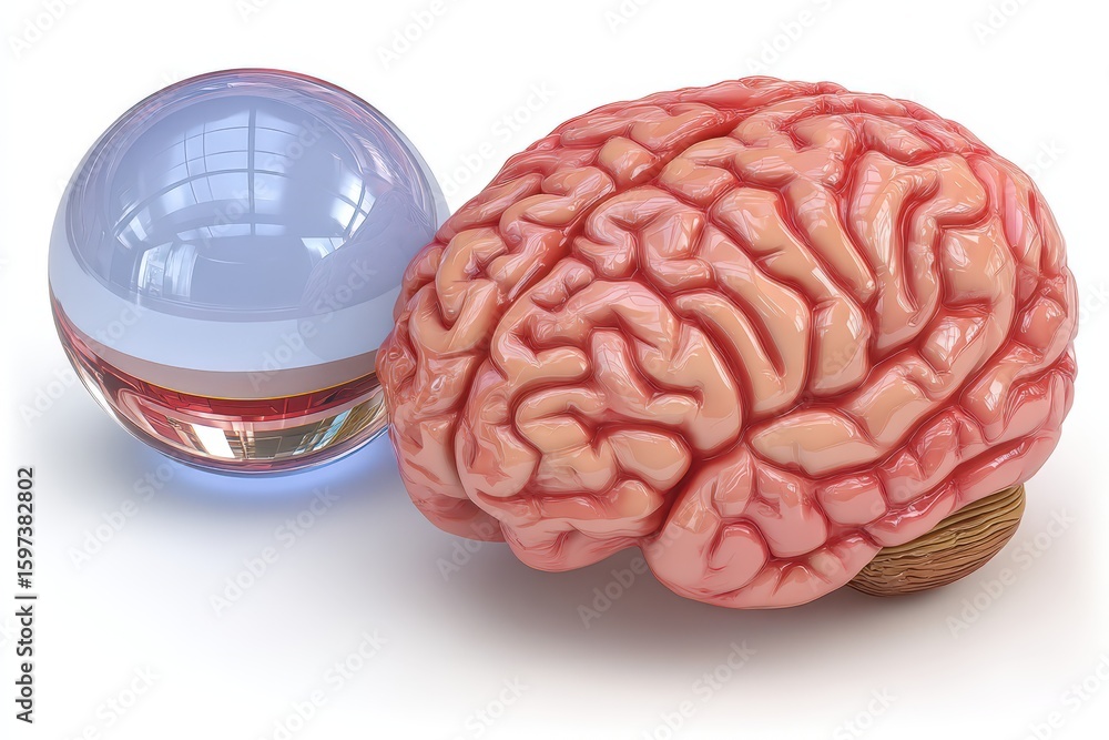 Poster intricate depiction of a human brain paired with a reflective orb showcasing the fusion of neural co