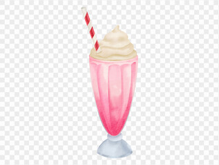 Hand-painted watercolor illustration of a pink milkshake with whipped cream and striped straw in a classic glass. Vector.