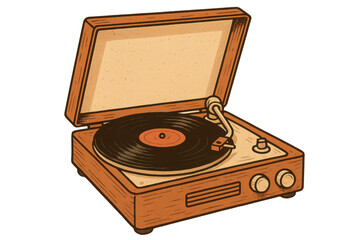 Vintage turntable spinning classic vinyl record, showcasing analog music's warm sound against transparent backdrop