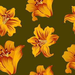 Elegant seamless pattern featuring blooming orange lilies on a deep green background. Ideal for fabric, wallpapers, and packaging.