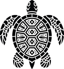 Intricate black and white turtle illustration depicting oceanic life and polynesian tattoo design