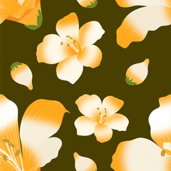 Tropical seamless pattern of white and yellow plumeria flowers on an olive green background. Perfect for summer designs and fabric prints.