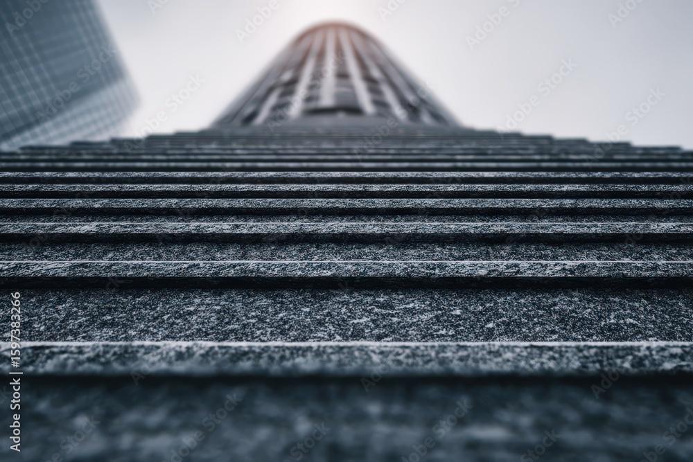 Poster captivating architectural perspective emphasizing the textured facade and towering presence of a mod