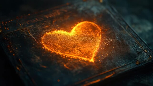 Glowing heart old leather book cover warm light romantic symbol vintage texture dark background glowing effect love concept close up textured surface glowing fiery heart burning passion sparks