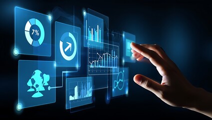 A hand interacting with a futuristic data interface