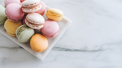 Fototapeta premium French macarons in soft colors stacked on a marble tray