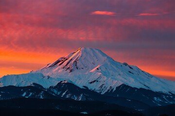 Fototapeta premium Majestic snowcapped mountain peak at sunset