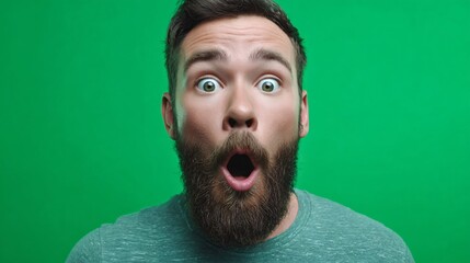 A man with a beard displaying a comical and exaggerated expression of shock with wide eyes on a vibrant green