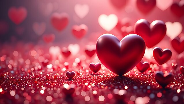 A field of red hearts with bokeh lights, symbolizing love and romance