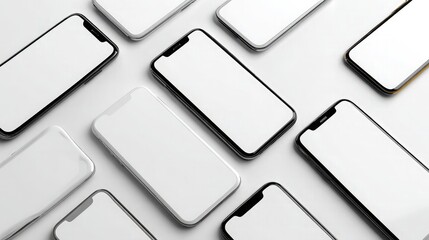 Modern smartphones displayed with blank screens on a white background