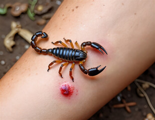 Close-up of a scorpion bite on human skin, showcasing swelling and redness. Ideal for medical articles, awareness campaigns, and educational content on venomous creatures.