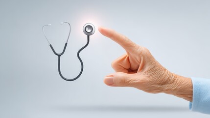 An elderly person's finger gently touching a floating stethoscope, representing care and health connection.
