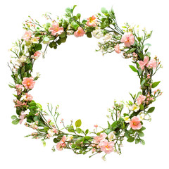 Fototapeta premium Delicate floral wreath with soft pink roses and greenery perfect for spring celebrations isolated on transparent background
